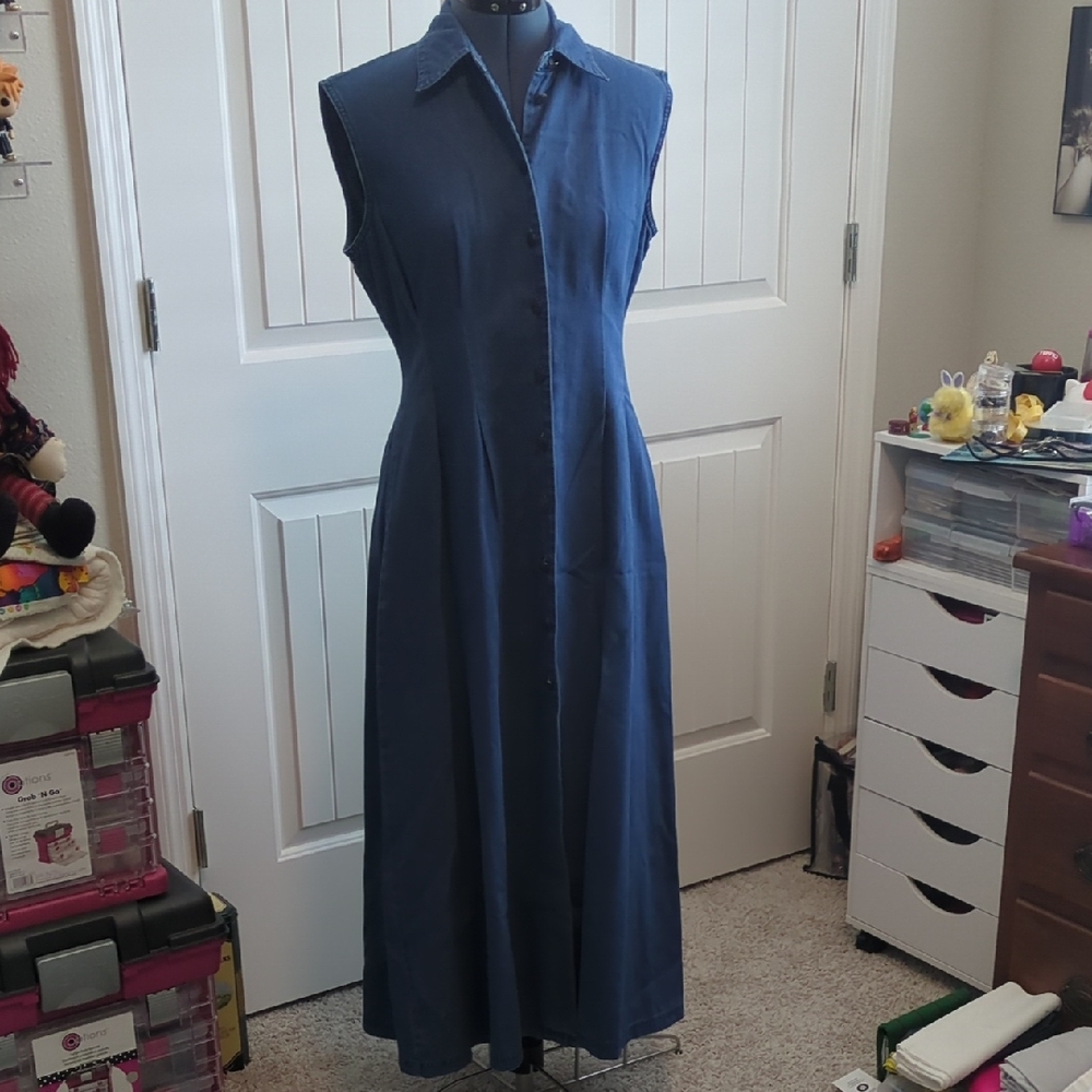 Vintage Laura Ashley Denim Blue Sleeveless Sheath Dress